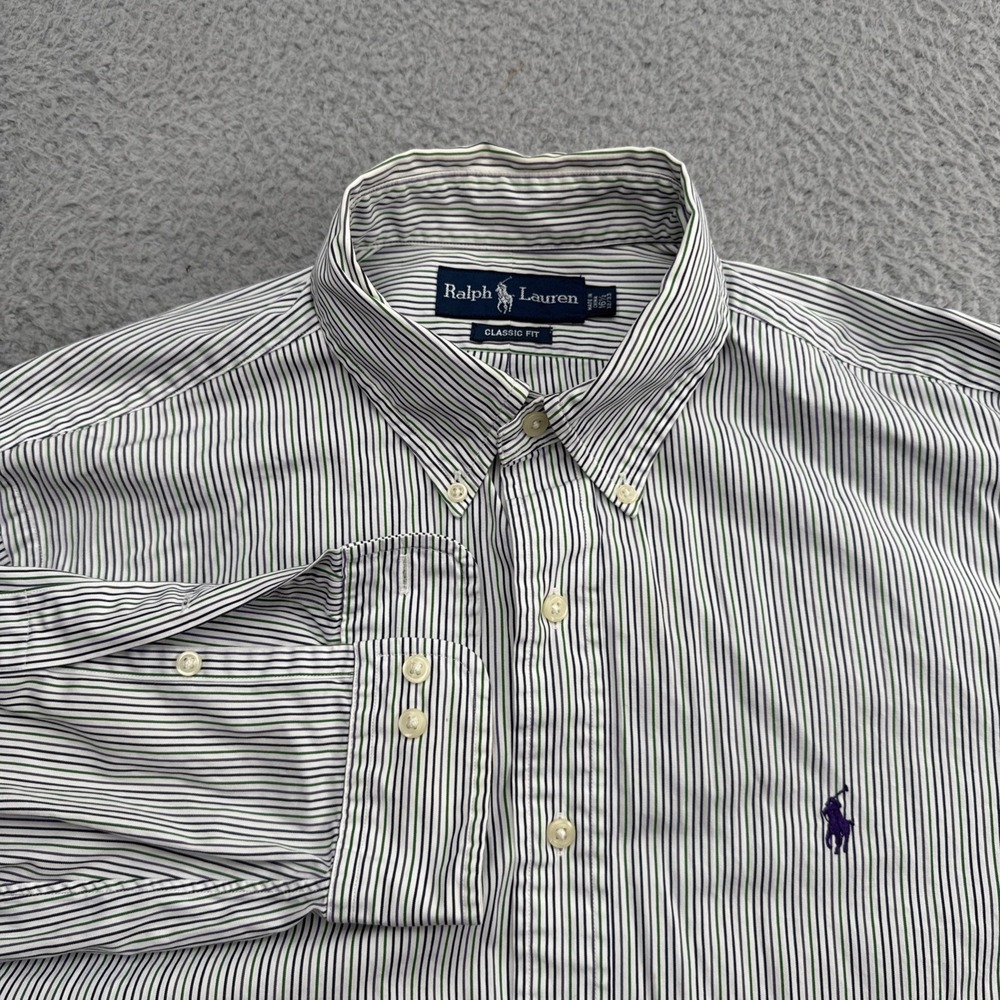 Polo Ralph Lauren Dress Shirt Mens 16.5 32/33 Purple Green Black Stripes Office